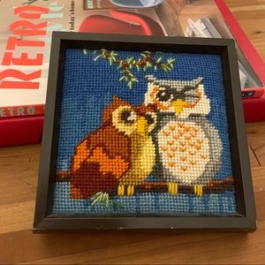 1970s “Night Owls” Owl Finished Framed Needlepoint